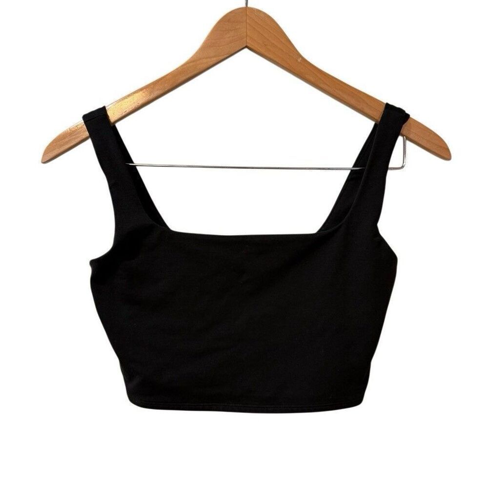 Reformation Ellie Eco Stretch Black Cropped Sports Bra Square Neck Wide Strap S